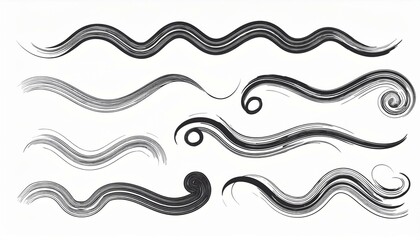 Brush line stroke squiggly paint set. Hand drawn doodle swirl wave brush curly charcoal stroke. Line squiggly paint curly hand drawn ink calligraphy elements. perfect any project.