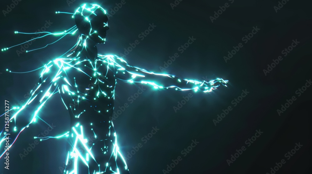 Poster hybrid ai human model with glowing neural pathways and holographic projections for advanced computin