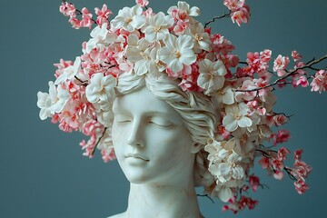 Serene Marble Bust Adorned with Delicate Pink and White Blossoms Spring Flowers Crown