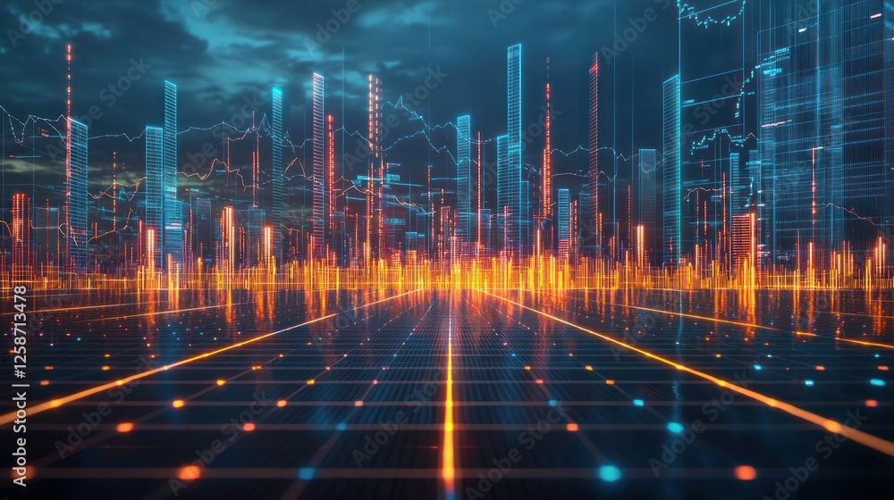 Poster futuristic cityscape illuminated with data streams