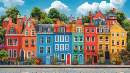Fototapeta premium Colorful houses, hillside street, spring, vibrant, idyllic, real estate brochure