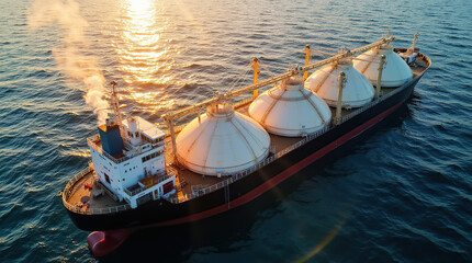 Obraz premium Large LNG Carrier Ship Sailing at Sunset on Open Sea