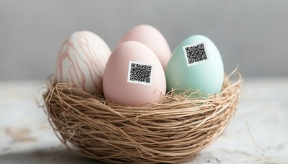 Three eggs rest in a nest, each adorned with a unique QR code, blending nature with technology in a captivating visual representation.