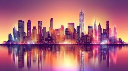 Vibrant city skyline at sunset reflected in water.