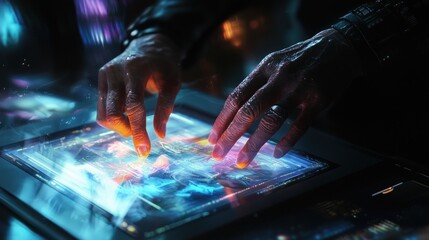 Elderly Hands Interacting with Futuristic Technology