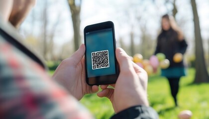 A person scans a QR code displayed on a picture featuring a woman, showcasing the interaction between technology and visual content.