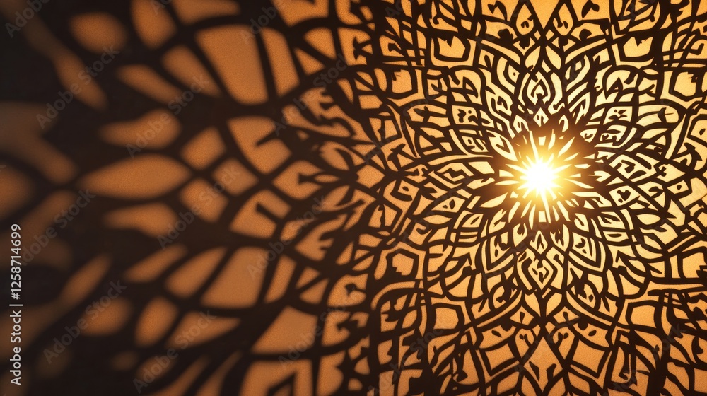 Aufkleber Delicate shadows of arabesque patterns stretch across a warm background, as soft light filters through, creating a mesmerizing display of artistry and depth in this tranquil setting