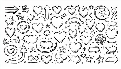 Sketch line arrow element, star, heart shape. Hand drawn doodle sketch style circle, cloud speech bubble grunge element set. Arrow, star, heart brush decoration. perfect any project.