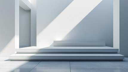 Fototapeta premium A white room with a white staircase and a white bench