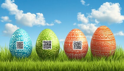 Three vibrant Easter eggs adorned with QR codes resting in lush green grass, symbolizing a unique blend of tradition and technology.