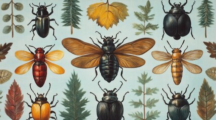 Colorful insect illustration, botanical background, nature study, educational poster