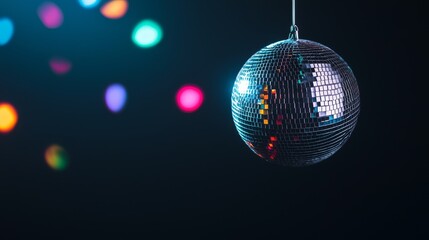 Fototapeta premium A sparkling disco ball hangs against a dark background, reflecting colorful lights that create a vibrant party atmosphere.
