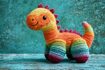 Adorable Rainbow Crochet Dinosaur Toy on Teal Background