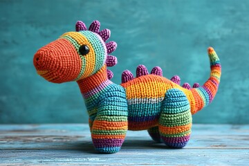 Colorful Crochet Dinosaur Toy on Blue Wooden Background Rainbow Knitted Animal