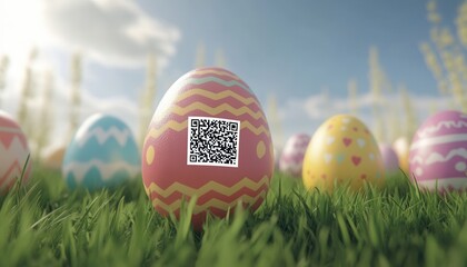 A detailed close-up of a QR code printed on a beautifully decorated egg nestled in lush green grass.