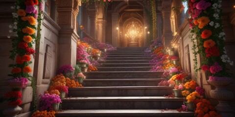 Fototapeta premium Garlands of fresh flowers cascade down the staircase leading to a mystical Indian shrine, mystical energies, temples