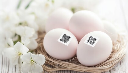 Three eggs adorned with QR code stickers rest in a colorful nest surrounded by vibrant flowers, combining nature with technology in a unique display.