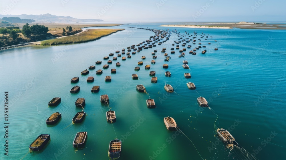 Aufkleber rows of wooden boats float in a tranquil river, surrounded by lush greenery and distant mountains un