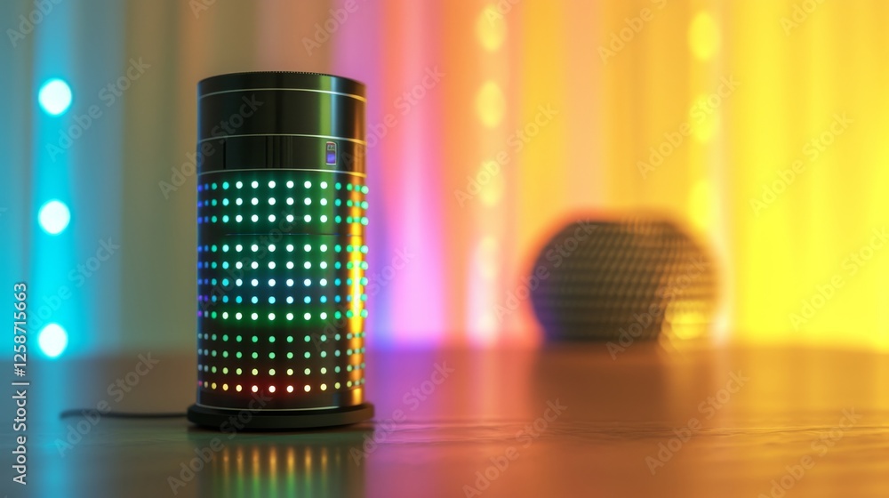 Poster a sleek cylindrical speaker adorned with dynamic led lights that glow in mesmerizing colors, creatin