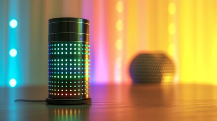 A sleek cylindrical speaker adorned with dynamic LED lights that glow in mesmerizing colors, creating a vibrant mood. Ideal for tech and modern lifestyle themes. AI generated.