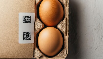 A detailed view of three eggs nestled in a carton, prominently featuring a QR code for easy scanning and product information access.