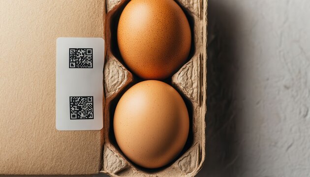 A detailed view of three eggs nestled in a carton, prominently featuring a QR code for easy scanning and product information access. - Powered by Adobe