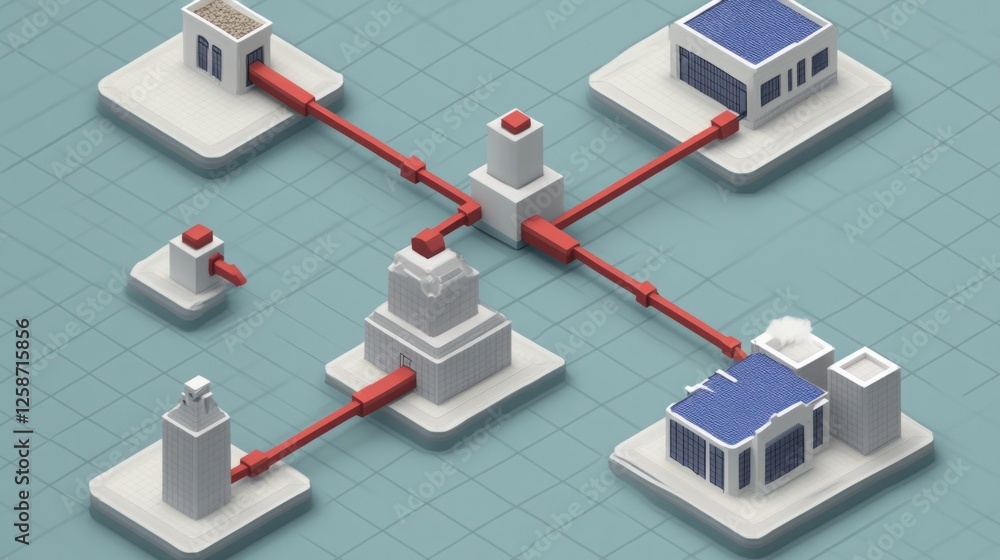 Poster digital illustration of modern urban architecture network featuring buildings interconnected with vi
