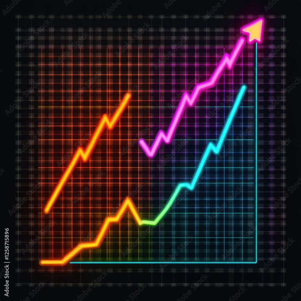 Poster colorful neon graphs with upward trends on a grid background representing growth, progress, and data