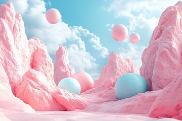 Surreal Pink Landscape with Pastel Spheres Dreamlike Whimsical 3D Render