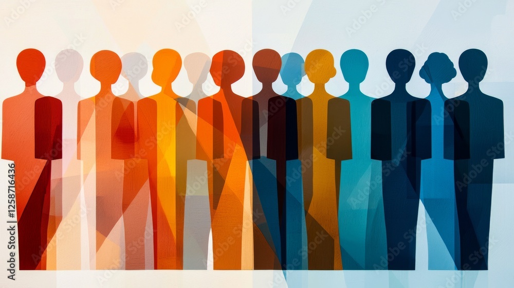 Poster a vibrant illustration of diverse, abstract figures representing unity and teamwork in various color