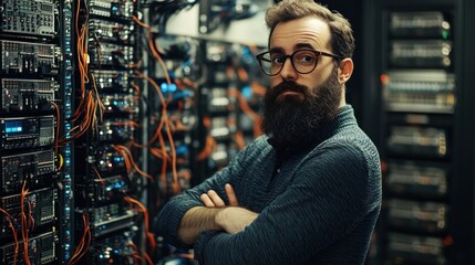 Bearded IT specialist standing confidently in server room. (1)