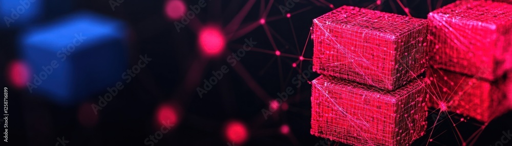 Poster abstract representation of digital cubes connected by glowing lines in a dark background, illustrati