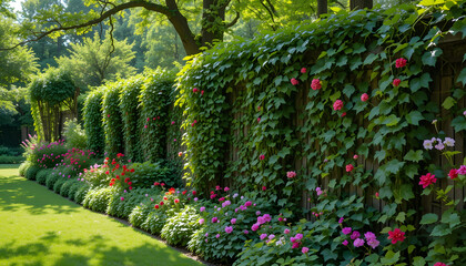 Obraz premium Vibrant Pink Flowers and Lush Green Ivy Covering a Wooden Fence