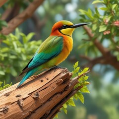 Fototapeta premium Colorful bee eater perched on a wooden tree trunk with leaves, birdwatching, wood, leaves