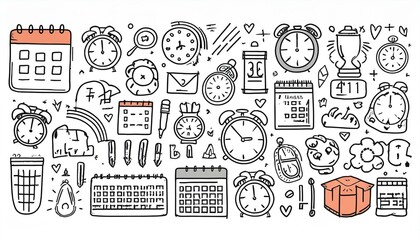 Time, calendar doodle line icon set. Hand drawn doodle sketch line style business time management, project deadline concept. Alarm clock, calendar, stopwatch cute elements. perfect any project.