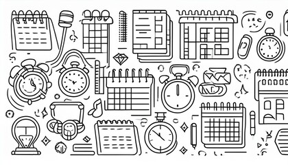 Time, calendar doodle line icon set. Hand drawn doodle sketch line style business time management, project deadline concept. Alarm clock, calendar, stopwatch cute elements. perfect any project.