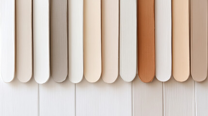 Fototapeta premium Creamy white to soft pearl gray gradient with gentle neutral tones, featuring vertical wooden slats in elegant, minimalist design. single warm brown accent adds contrast to composition