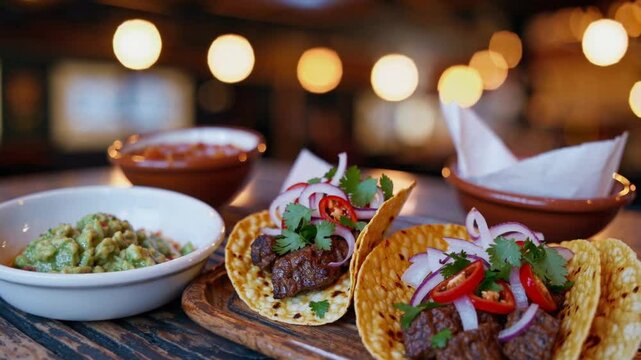A vibrant close-up of three freshly made street-style tacos served on a rustic wooden platter, their golden corn tortillas slightly charred and folded around a generous filling of seasoned, juicy carn