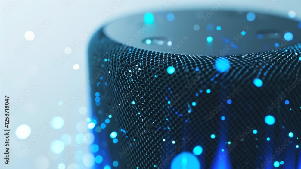 Poster modern smart speaker highlighted by mesh texture and glowing blue digital effects, set against a sof