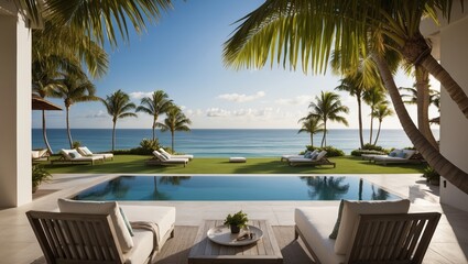 Luxury beachfront resort with palm trees and outdoor seating