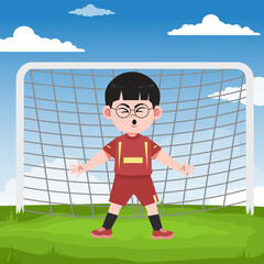 Fototapeta premium Cute Chinese Boy with Glasses cartoon Character Playing Football