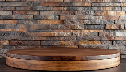 Fototapeta premium Rustic Wooden Round Display Platform against a Stone Brick Wall Background for Product Showcase