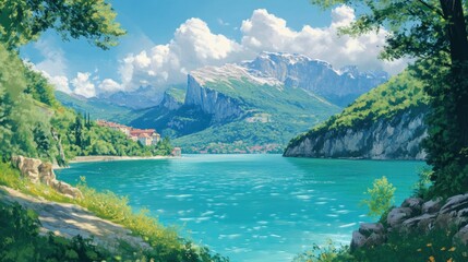 Obraz premium Serene Lakeside Village nestled in the Majestic Alps