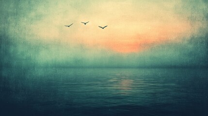 Obraz premium Tranquil Seascape Sunset Three Birds Flying