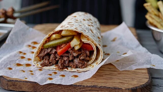 A freshly sliced shawarma wrap sits on a wooden cutting board, its warm, lightly toasted flatbread tightly hugging layers of juicy, spiced beef and crispy golden fries. 
