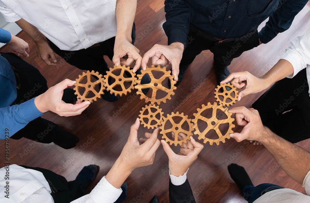 Poster business team joining cogwheel in circular together symbolize successful group of business partnersh