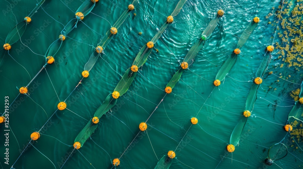 Poster Bright yellow floats connected by nets create a striking pattern on clear turquoise waters, showcasing aquaculture practices in a tranquil marine setting under sunlight.