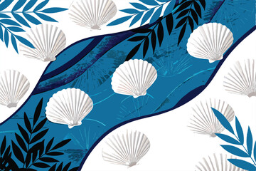 Obraz premium Create a vibrant, seamless vector pattern featuring stylized seashells, starfish, sandcastles, and beach waves in a playful, summery aesthetic.