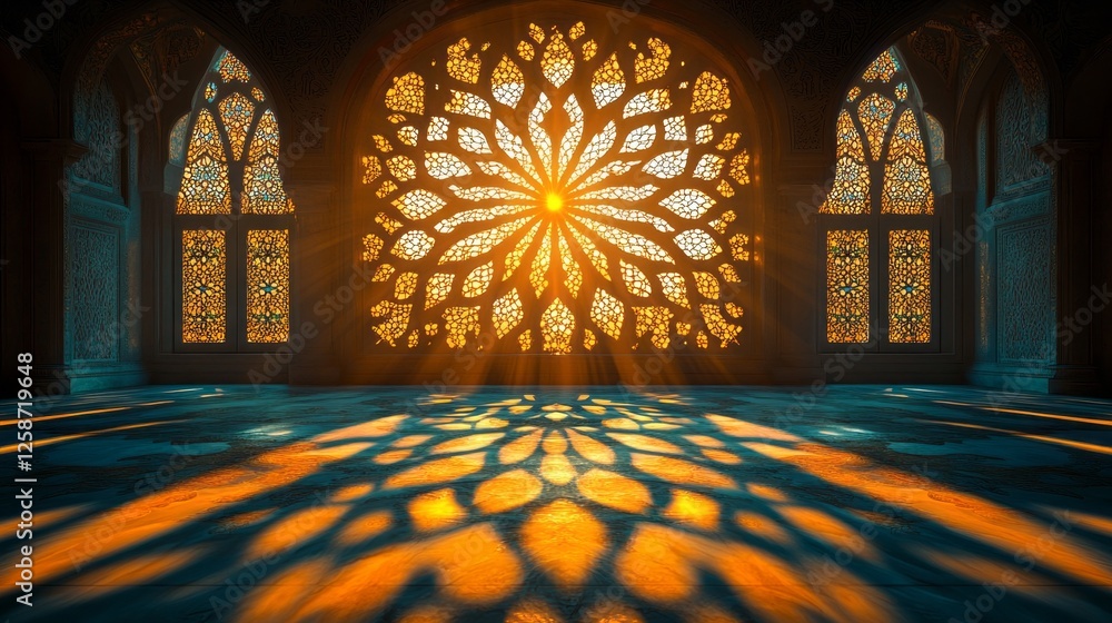 Poster Delicate patterns created by shadows dance across a vibrant surface as sunlight streams through intricately designed arabesque windows. The warm hues merge, captivating all who behold
