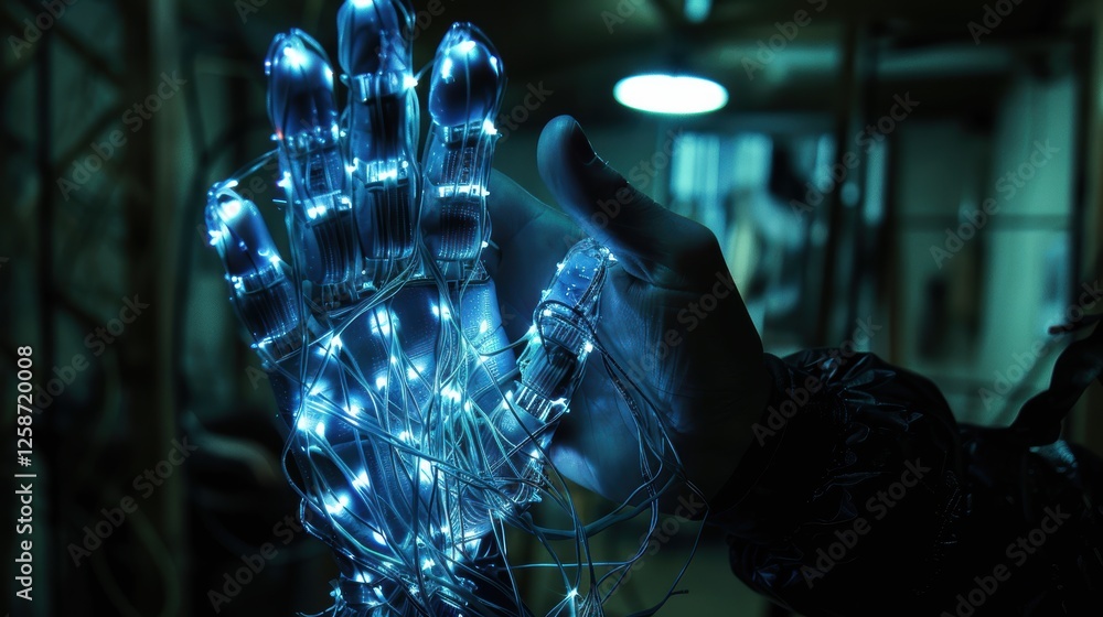 Poster futuristic robotic hand with neural interface illustrating mind-machine interaction possibilities